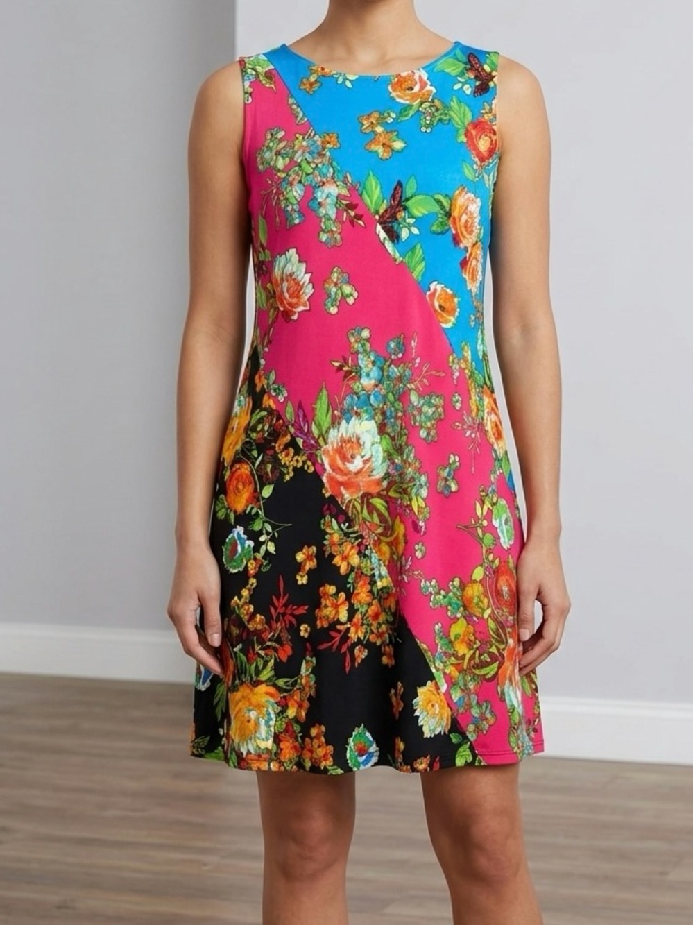 MSK Floral Colorblock Sleeveless Shift Dress Pink Blue Black Boho Casual L EUC